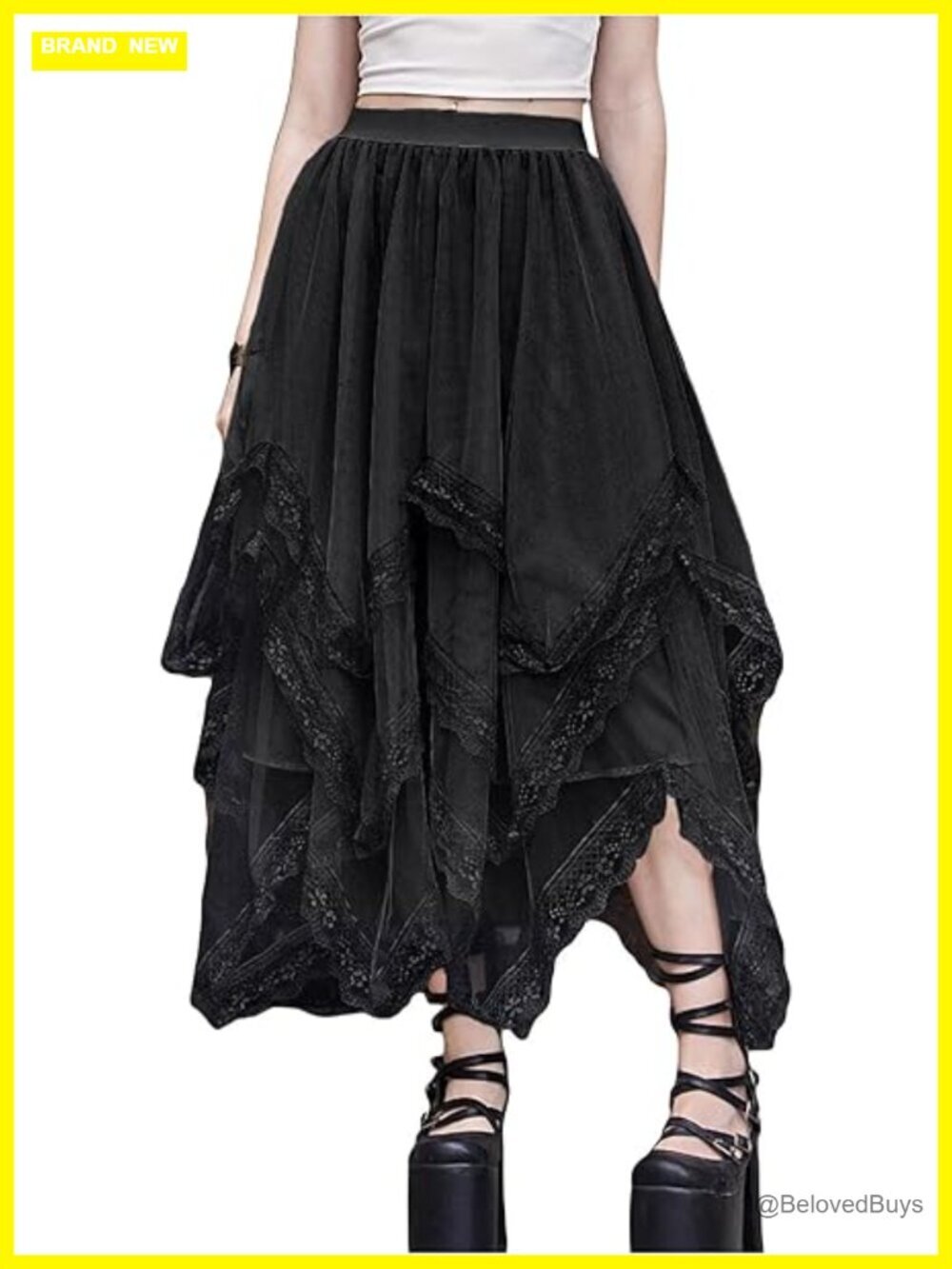 Lace Trim Layered Mesh Tulle Asymmetrical High Waist Long Skirt
